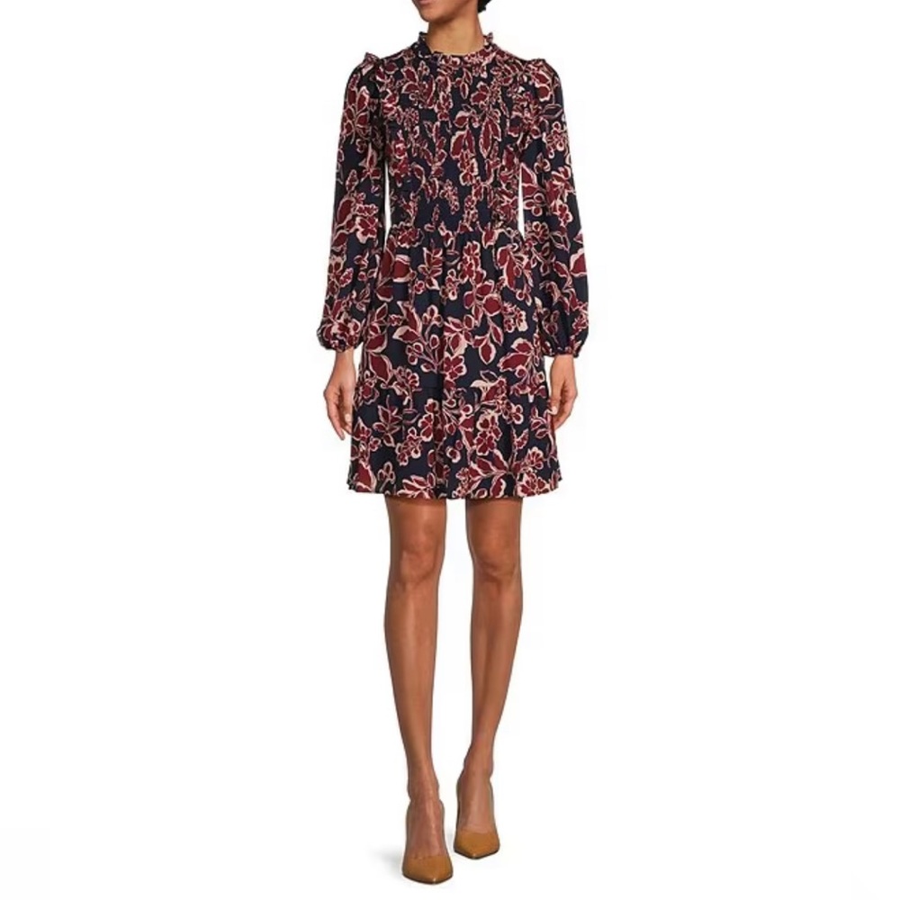 Eliza J Floral Ruffle Mock Neck Long Balloon Sleeve Smocked Waist Dress